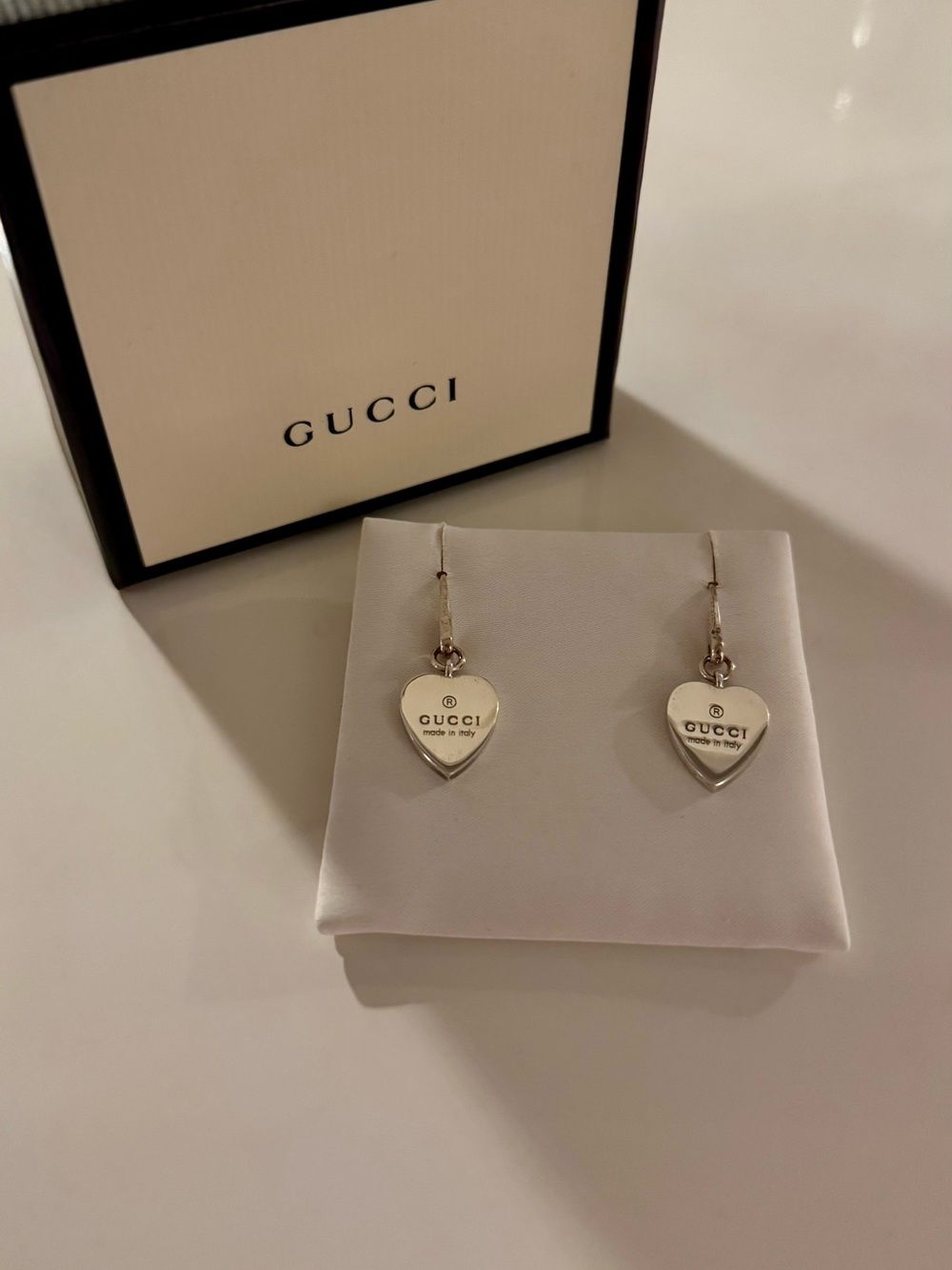 Gucci Silver Heart Drop Earrings with Logo